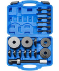 19 Piece Universal Front Wheel Drive Bearing Puller Kit For Front Wheel Hub Removal And Bearing Installation On Vehicles, Pro Grade Heavy Duty Carbon Steel Construction, Keeps Knuckle And Strut Intact in blue carrying case