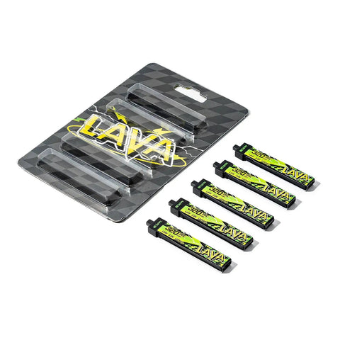 Lava II 1S LiHV Battery 320mAh 95C With BT2 Connector package, five green batteries for Tiny Whoop drones, displayed on white background
