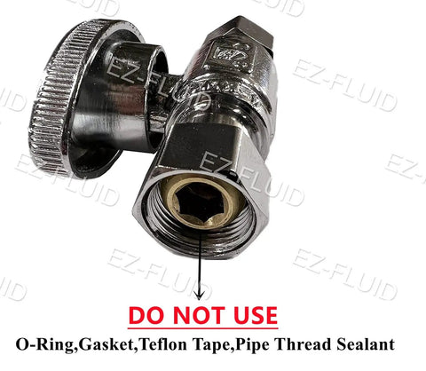 Close-up of brass quarter turn ball valve with three eighths inch OD compression fittings, chrome, for plumbing installation.