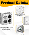 8 Pack 4x4 Inch Electrical Junction Boxes With Covers, Heavy Duty Galvanized Steel Square Outlet Boxes, And Double Duplex Receptacle Plates, 21 Cu In Capacity, Perfect For Home Renos And Commercial Jobs, Silver, showing junction box details and smooth edges.