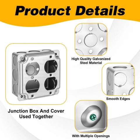 8 Pack 4x4 Inch Electrical Junction Boxes With Covers, Heavy Duty Galvanized Steel Square Outlet Boxes, And Double Duplex Receptacle Plates, 21 Cu In Capacity, Perfect For Home Renos And Commercial Jobs, Silver, showing junction box details and smooth edges.