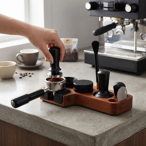 Premium Spring Loaded 51Mm Coffee Espresso Tamper Set Delivering Exact 30 Pound Pressure for puck prep on countertop with tools.