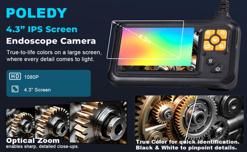 POLEDY 1080P HD Endoscope Camera With Light, 4.3 Inch IPS Screen Borescope, gears detail with optical zoom