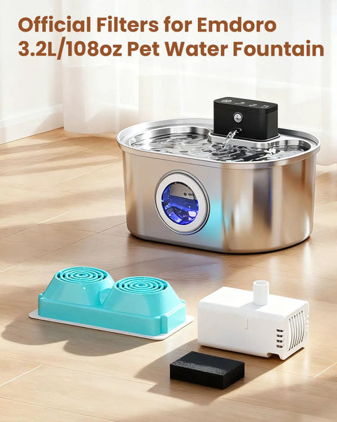 12 Pack Official Replacement Filters And Sponges For Stainless Steel Cordless Cat Water Fountain kit displayed on wooden floor