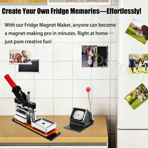 DIY Fridge Magnet Maker Kit turns photos into custom refrigerator magnets with press and paper cutter on kitchen counter