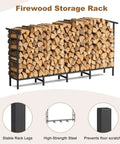 Outdoor Firewood Rack With Weatherproof Cover Heavy Duty Metal Wood Storage Stand filled with stacked logs