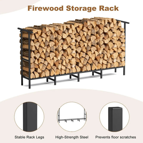 Outdoor Firewood Rack With Weatherproof Cover Heavy Duty Metal Wood Storage Stand filled with stacked logs