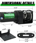 Beefy 3000 Lb ATV Winch With Wireless Remote And Wired Switch 12V DC Electric Winch With Synthetic Rope Fairlead And Mounting Plate For Easy Install And Universal Fit Perfect For Off Road Recovery., 3000 lb ATV winch with synthetic rope, mounting plate, and dimensions shown