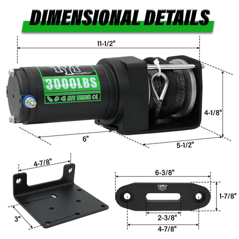 Beefy 3000 Lb ATV Winch With Wireless Remote And Wired Switch 12V DC Electric Winch With Synthetic Rope Fairlead And Mounting Plate For Easy Install And Universal Fit Perfect For Off Road Recovery., 3000 lb ATV winch with synthetic rope, mounting plate, and dimensions shown