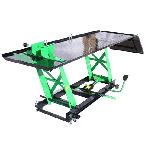 Heavy Duty Hydraulic Motorcycle Lift With A Badass 1000 Lb Load Rating And Smooth Cranking Hoist Jack Stand For Garage Repairs Plus Adjustable Mobile Ramp In Bright Green