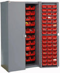 Top Tier Deep Door Bin Cabinet Loaded With 156 Red Plastic Storage Totes For Shop Organization, Heavy Duty Polypropylene Containers.