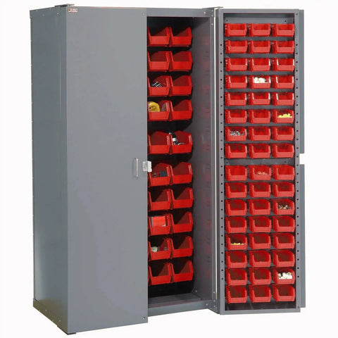 Top Tier Deep Door Bin Cabinet Loaded With 156 Red Plastic Storage Totes For Shop Organization, Heavy Duty Polypropylene Containers.