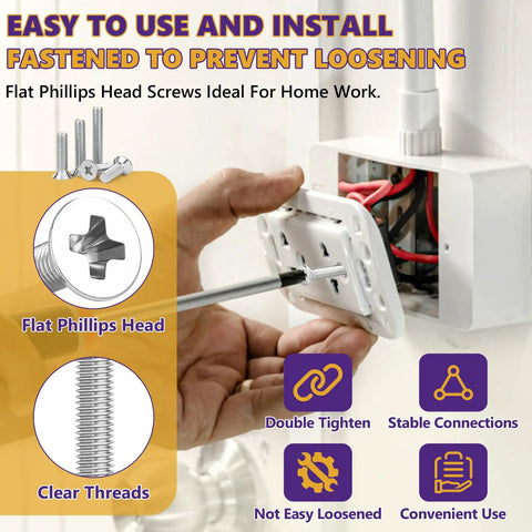 Seventy Count Six Three Two Machine Screws Four Mixed Sizes Premium 304 Stainless Steel Outlet Hardware Rust Proof Electrician Supplies Damp Wall Boxes Hvac Vents No Drama Install Workhorse Gear Smooth Sail Grip Weekend Builds Solid Haul. Flat Phillips head screw being installed in an electrical box.