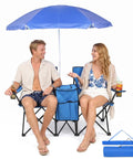 Folding Double Camping Chair With Detachable Umbrella Ice Bag Cup Holder Built In Cooler Bag Carrying Bag Fold Up Table Heavy Duty Bearing Capacity For Beach Patio Pool Park Outdoor Blue shown with two people seated