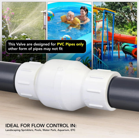White PVC inline check valve on gray PVC pipe, 3/4 in FIP, backflow prevention