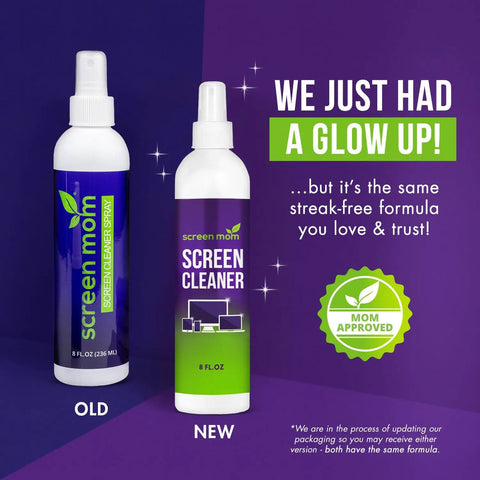 Image of old and new Screen Mom screen cleaner bottles with text about updated packaging and streak-free formula.