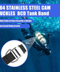 Underwater diver using Scuba Dive Tank Strap BCD Band with 304 Stainless Cam Buckles and Non Slip Pads, 2 pack with inset detail