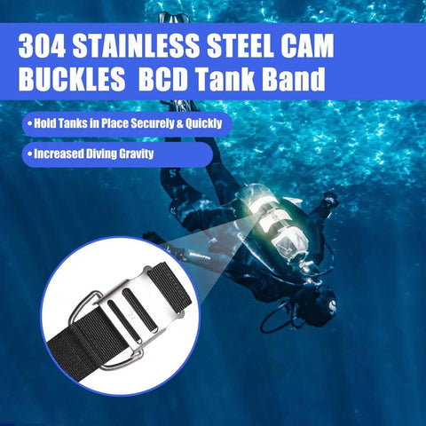 Underwater diver using Scuba Dive Tank Strap BCD Band with 304 Stainless Cam Buckles and Non Slip Pads, 2 pack with inset detail