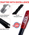 Close-up of Beefy 4 Foot Fiberglass CB Radio Antenna components: brass ferrule, fiberglass mast, sleek black finish, Made in USA label.