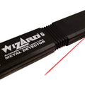 Side view of Lumber Wizard 5 metal detector for woodworking, black handheld device with red lead wire