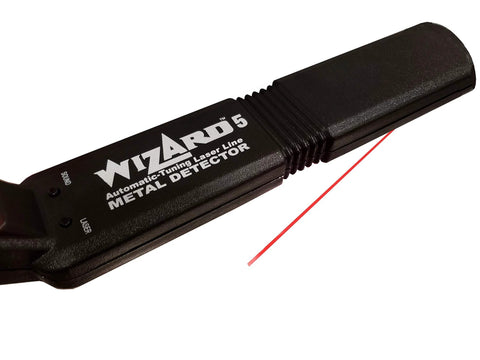 Side view of Lumber Wizard 5 metal detector for woodworking, black handheld device with red lead wire