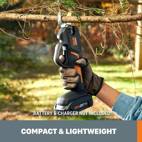 Nitro 20V Cordless Pruning Shear And Lopper With Power Share cutting branch outdoors; no battery or charger; side view