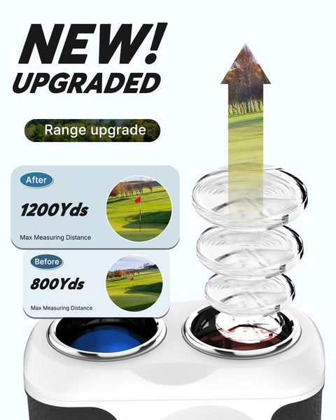 Top Notch Golf Rangefinder With Flag Lock And Pulse Vibration showing upgraded range from 800 yds to 1200 yds