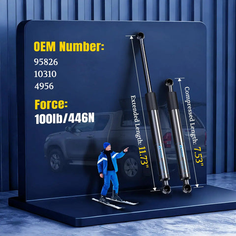Tough As Nails 100 Lb Pair 12 Inch Gas Struts showing extended and compressed lengths, designed for camper shells and truck toppers.