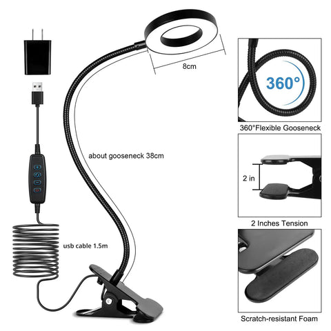 Clip On Desk Lamp With Clamp, 3 Lighting Modes And 10 Dimming Levels, flexible neck, USB cable visible, Black Finish