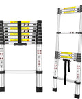 8.5FT Telescoping Aluminum Ladder With EN131 Standards, Heavy Duty Extension Ladder For Home And Outdoor Use, Lightweight, Adjustable Height, Safe Locking Rungs, 330 Pound Load Capacity, Durable Aluminum Build, folded and extended