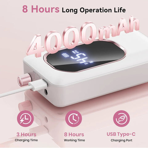 Close-up of the Pro Grade Electric Nail Drill 45000 RPM Cordless Nail File rechargeable 4000mAh battery with USB Type-C port.
