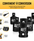 Impact Socket Adapter And Reducer Kit For SAE Sizes One Quarter Inch Three Eighths Inch And One Half Inch Five Piece CRMO Steel Driver Conversions Built Tough Heavy Duty Wrench And Socket Adapters with tool use examples shown.
