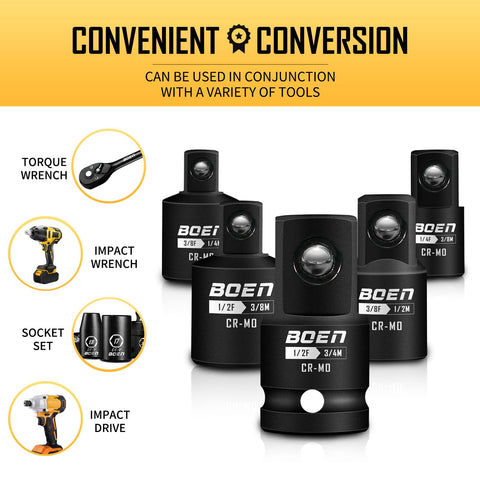 Impact Socket Adapter And Reducer Kit For SAE Sizes One Quarter Inch Three Eighths Inch And One Half Inch Five Piece CRMO Steel Driver Conversions Built Tough Heavy Duty Wrench And Socket Adapters with tool use examples shown.