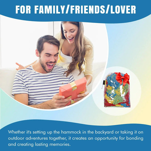 Couple excitedly unwrapping gift with Handwoven Mayan Hammock With Carry Bag Big Family Size Portable Rope Hammock visible