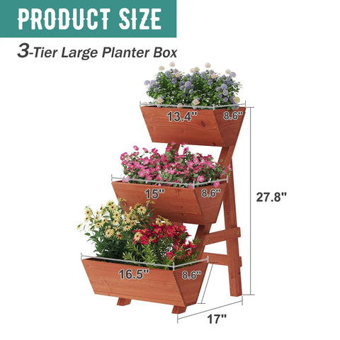 Three Tier Vertical Garden Bed Planter For Indoor And Outdoor Use With Legs Raised Planter Box For Flowers Vegetables Herbs And Plants Sturdy Frame Space Saving Easy Assembly In Minutes showing wooden frame with flowers