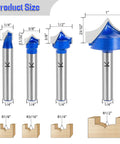 Carbide Roundover Router Bit Set for Woodwork, Four Piece Collection with 1/4 Inch Shank, Cutting Diameters 1/4, 3/8, 1/2 and 1 Inch, shown with profiles.