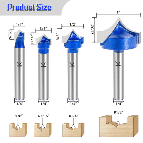 Carbide Roundover Router Bit Set for Woodwork, Four Piece Collection with 1/4 Inch Shank, Cutting Diameters 1/4, 3/8, 1/2 and 1 Inch, shown with profiles.