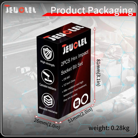 Packaging for 14mm Hex Impact Socket Two Pack, 1/2 Inch Drive, Lengthened Cr-Mo Steel H14 Allen Socket Adapter.