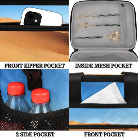 Insulated Picnic Backpack Lunch Box For Everyday Carry Big 12x9 Inch Tote close-up of pockets and zippers