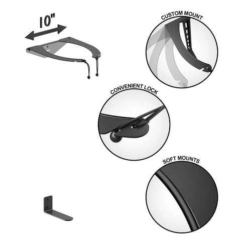 Wall Mounted Golf Bag Rack For Any Bag Or Travel Case Easy Install Storage Organizer For Garage Or Shed Keeps Clubs Upright And Off The Floor Durable Wall Mount System showing 10 inch measurements, custom mount, convenient lock, and soft mounts.