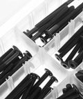 Close-up of black screws and bolts in a box from 141 Piece Replacement Screws Kit With Aluminum Alloy Bolts And Nuts For Chairs Beds Cribs And Bunk Beds Grab And Go Easy Storage Portable Furniture Hardware For DIY Assembly And Quick Repairs