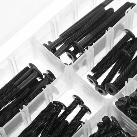 Close-up of black screws and bolts in a box from 141 Piece Replacement Screws Kit With Aluminum Alloy Bolts And Nuts For Chairs Beds Cribs And Bunk Beds Grab And Go Easy Storage Portable Furniture Hardware For DIY Assembly And Quick Repairs