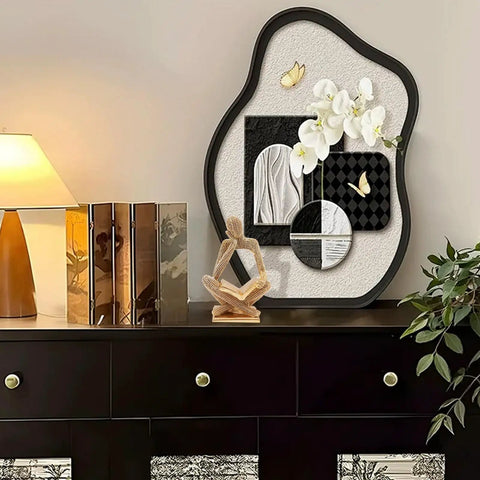 Sparkling Gold Tone Reading Woman Statue With Beaded Surface Modern Abstract Figurine for Home Decor on dark cabinet
