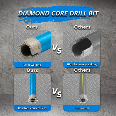 Comparison of wet diamond core drill bits for concrete and masonry with rebar, focusing on laser welding and concentricity.
