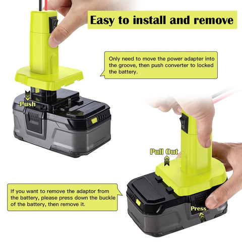 Ryobi 18V Battery Adapter For Power Wheels And DIY RC Cars showing installation and removal process with fuse, switch, and wire harness.