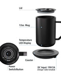 Self Heating Coffee Mug 12 Oz Stainless Steel Travel Tumbler With Rechargeable Charging Base And Lid showing lid, mug, and coaster with LED display.
