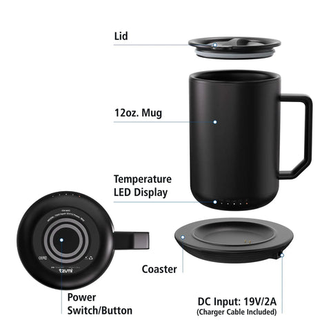 Self Heating Coffee Mug 12 Oz Stainless Steel Travel Tumbler With Rechargeable Charging Base And Lid showing lid, mug, and coaster with LED display.
