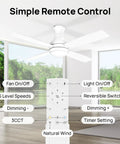 Low Profile 52 Inch Ceiling Fan With LED Lights and remote in living room, controls labeled for functions