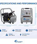Ultra Quiet 1 Gallon Portable Air Compressor With Oil Free Pump 0.6 HP And 56 dB Noise Level specifications and dimensions.