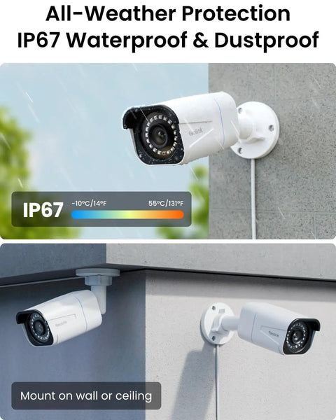 4K Ultra HD Security Camera System With 8 PoE Cameras H265 Wired Surveillance Kit mounted on wall demonstrating weatherproof feature